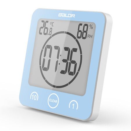 Shower Clock Waterproof Bathroom Clock with Suction Cup LCD Display Humidity Temperature Wall Clocks Countdown Timer (Blue)