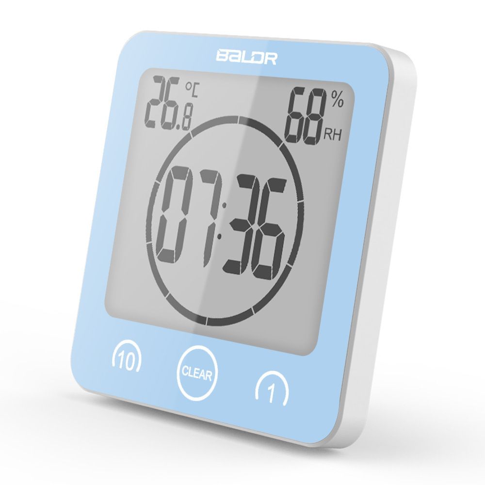 Shower Clock Waterproof Bathroom Clock with Suction Cup LCD Display Humidity Temperature Wall Clocks Countdown Timer (Blue)