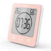 Shower Clock Waterproof Bathroom Clock with Suction Cup LCD Display Humidity Temperature Wall Clocks Countdown Timer (Pink)