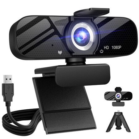 Full HD Webcam with Built-in Microphone and Rotatable Tripod,1080P Video and Wide Angle Camera,Privacy Cover,for Desktop PC or Laptop Computer