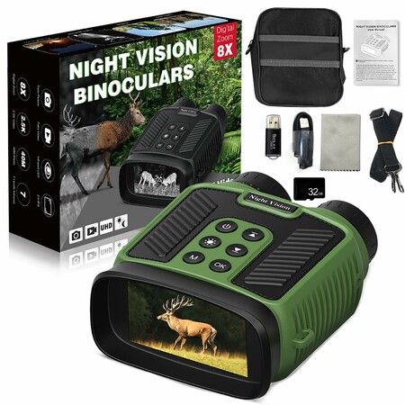 4K Night Vision Binoculars IR 8X Digital Zoom Rechargeable 3inch HD Screen 40MP Photos 4K Video Infrared Full Dark View Scope Color Green