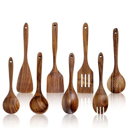 8 Pcs Wooden Spoons for Cooking, 100% Natural Teak Wooden Kitchen Utensils Set, Wooden Utensils Set for Cooking, Non-Stick, Comfort Grip, Easy to Clean