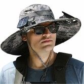 Outdoor Wide Brim Sun Hat with 2 Solar Fan Sun Bucket Hat for Men Women UPF 50+ Bucket Fishing & Beach Hat with Fan Built In,Grey