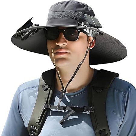 Outdoor Wide Brim Sun Hat with 2 Solar Fan Sun Bucket Hat for Men Women UPF 50+ Bucket Fishing & Beach Hat with Fan Built In,Deep Grey