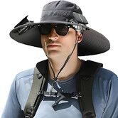 Outdoor Wide Brim Sun Hat with 2 Solar Fan Sun Bucket Hat for Men Women UPF 50+ Bucket Fishing & Beach Hat with Fan Built In,Deep Grey