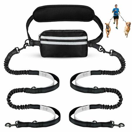 Hands Free Dog Leash with Pouch,Double Leash for Two Dogs Retractable Bungee with Double Padded Handles for Dog Walking Running Leash for Dogs,Silver