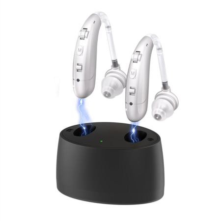 Hearing Aids for Seniors, Rechargeable with Noise Cancelling Volume Control, Hearing Amplifier for Hearing Loss, Portable Behind-the-Ear Headphones-Silver