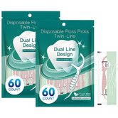 2 Packs Dental Floss Picks, 120 Count Individually Wrapped Flosser,Twin Line Mint Flavored, Dual Action Cleaning Teeth Tool Kit, for Men Women