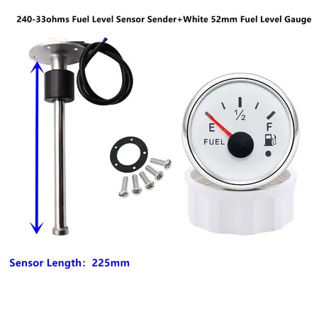 225mm 240-33ohms Fuel Level Sensor Sender+White 52mm Fuel Level Gauge for Boat Car Truck ATV