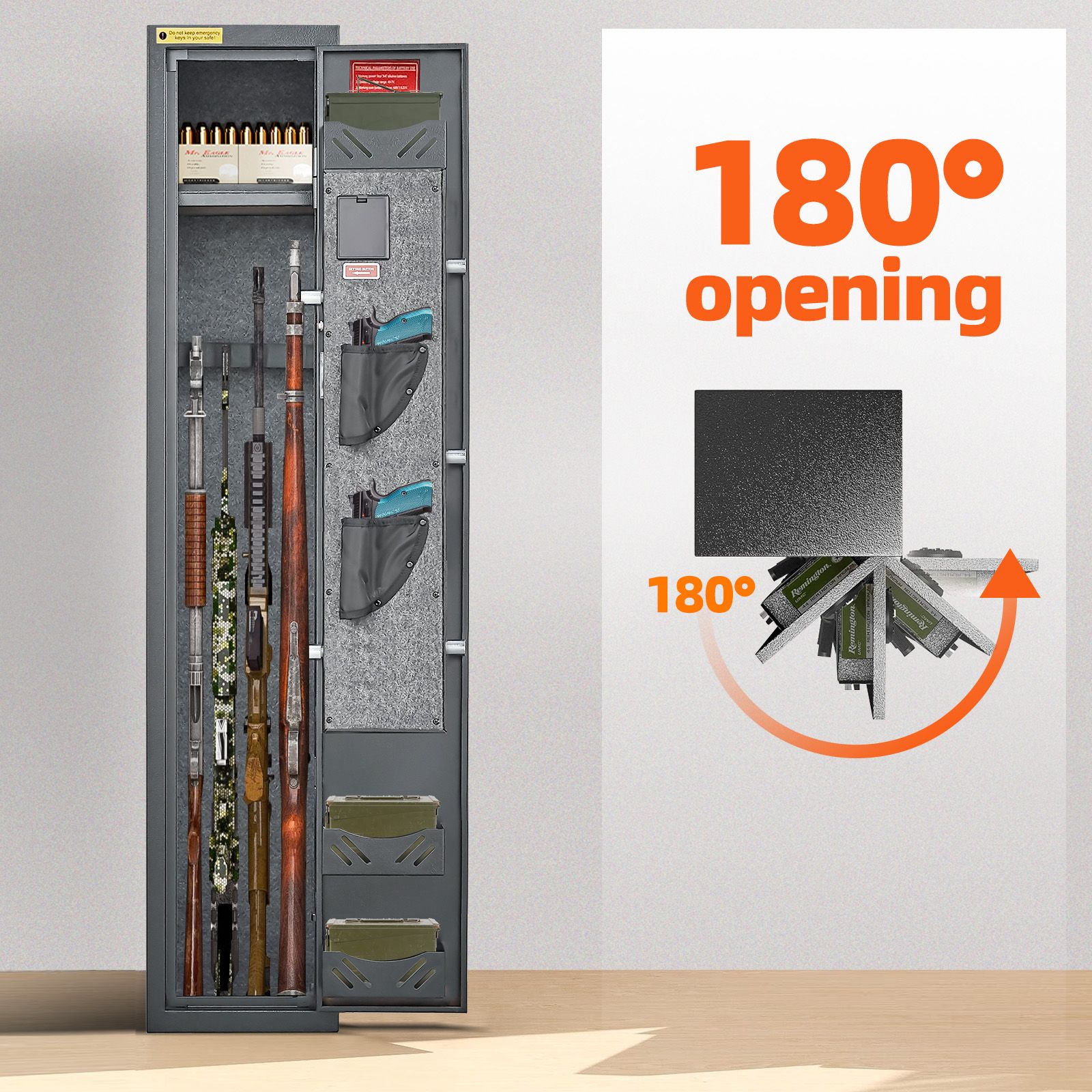 Gun Safe Box Firearm 4 Rifles Storage Lockbox Steel Cabinet 6 Pistols Holder Locker Ammo Valuable Case LED Home Security Key Anti Theft Digital Keypad