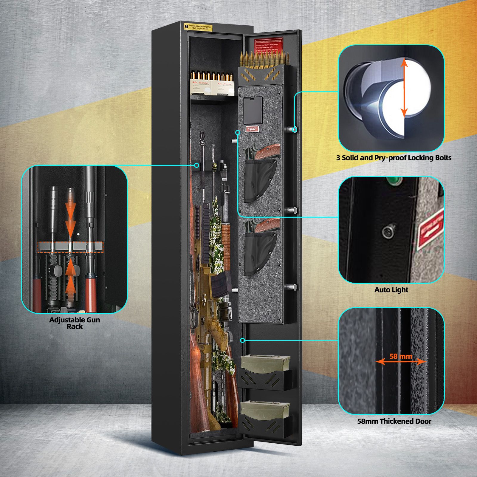 Gun Safe Box Firearm 4 Rifles Storage Lockbox Steel Cabinet 6 Pistols Holder Locker Ammo Valuable Case LED Home Security Key Anti Theft Digital Keypad