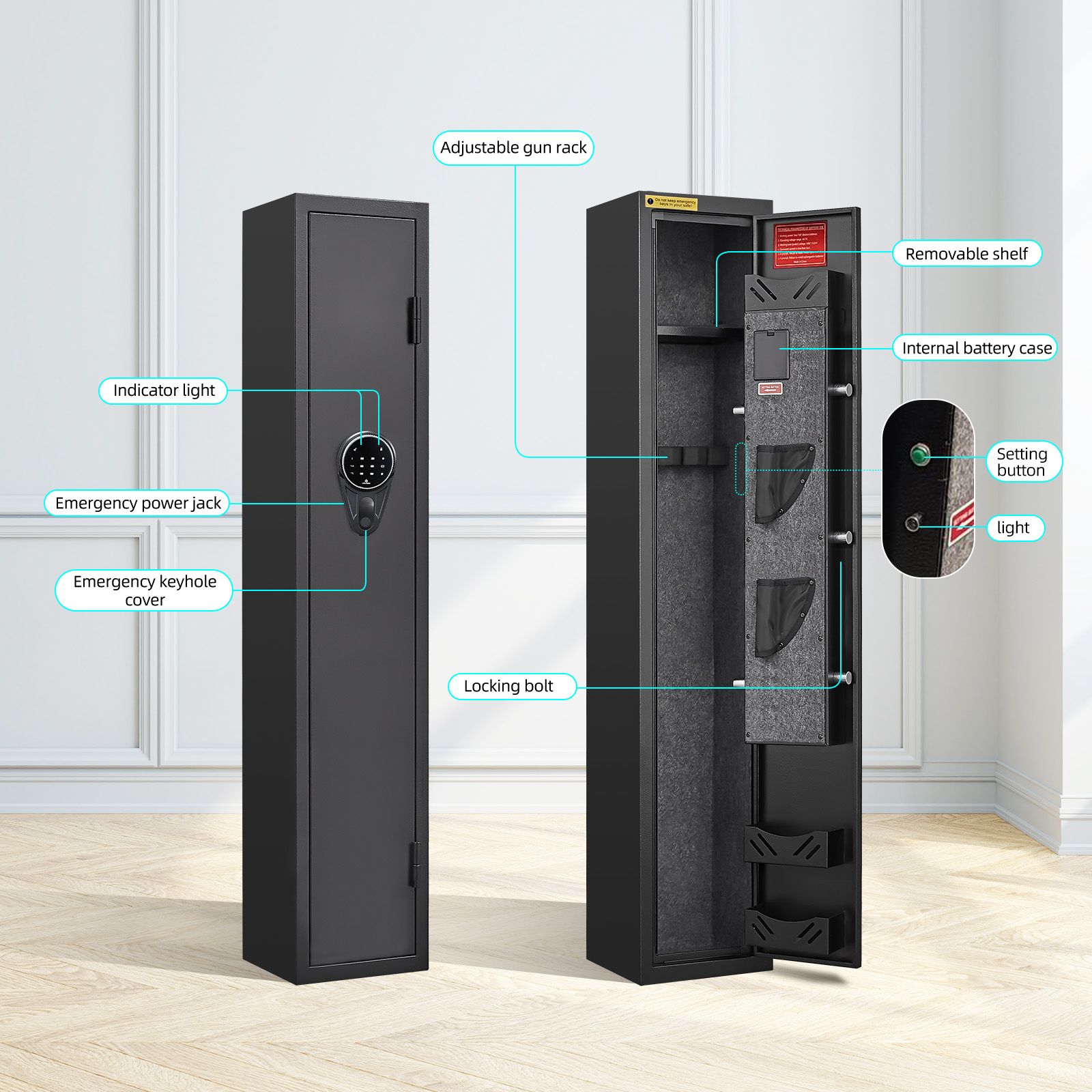 Gun Safe Box Firearm 4 Rifles Storage Lockbox Steel Cabinet 6 Pistols Holder Locker Ammo Valuable Case LED Home Security Key Anti Theft Digital Keypad