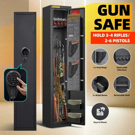 Gun Safe Box Firearm 4 Rifles Storage Lockbox Steel Cabinet 6 Pistols Holder Locker Ammo Valuable Case LED Home Security Key Anti Theft Digital Keypad