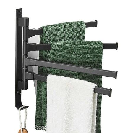 4-Arm Towel Racks Swivel Rotating Steel for Bathroom Wall Door Home Toilet Space-Saving Easy Install Christmas Gift COL Black
