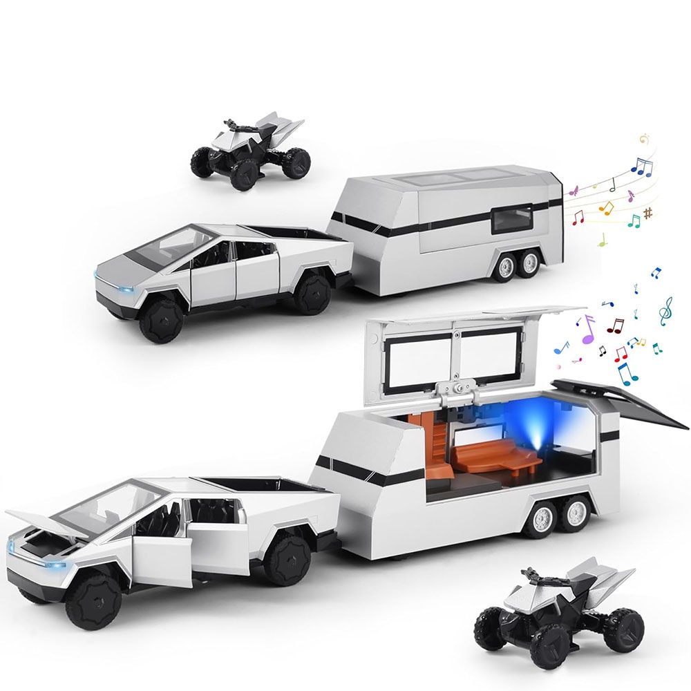 1/32 Toy Car Metal Model for Kid Age 3 Up, Alloy Diecast Pickup Trailer RV Model Kit for Boy Girl Toddler Birthday, Silver