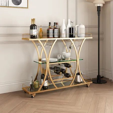 Bar Cart Wine Rack Drinks Trolley Gold Glass Holder Serving Mirror Shelves Alcohol Tea Coffee Home Kitchen Storage Rolling Wheels Metal Frame Mobile