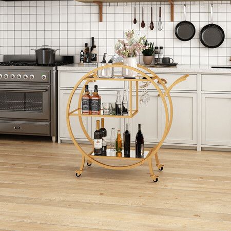 Bar Cart Wine Rack Drinks Trolley Gold Glass Holder Serving Alcohol Tea Coffee Mirror Shelves Metal Frame Mobile Wheels Round Rolling Kitchen Storage