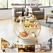 Bar Cart Wine Rack Drinks Trolley Gold Glass Holder Serving Alcohol Tea Coffee Mirror Shelves Metal Frame Mobile Wheels Round Rolling Kitchen Storage