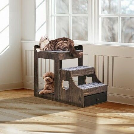 Pet Bunk Bed with Stairs Dog/Cat Window Perch with Storage Indoor Gray