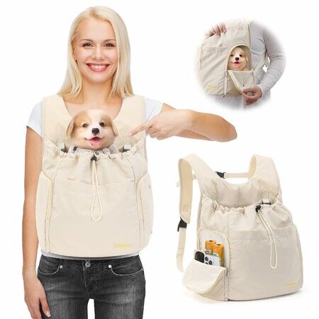 Dog Front Carrier Backpack,Adjustable Pet Dog Carrier Backpack Mesh Dog Travel Backpack with Zippered Side Windows for Dogs Cats(Beige-Max 15 lbs)