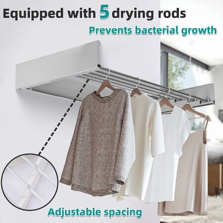 Laundry Drying Rack Collapsible Wall Mounted Clothes 31.5" Wide 13.1 Linear Ft 5 Aluminum Rods 45 lb Capacity with Wall Template Screwdriver Bit