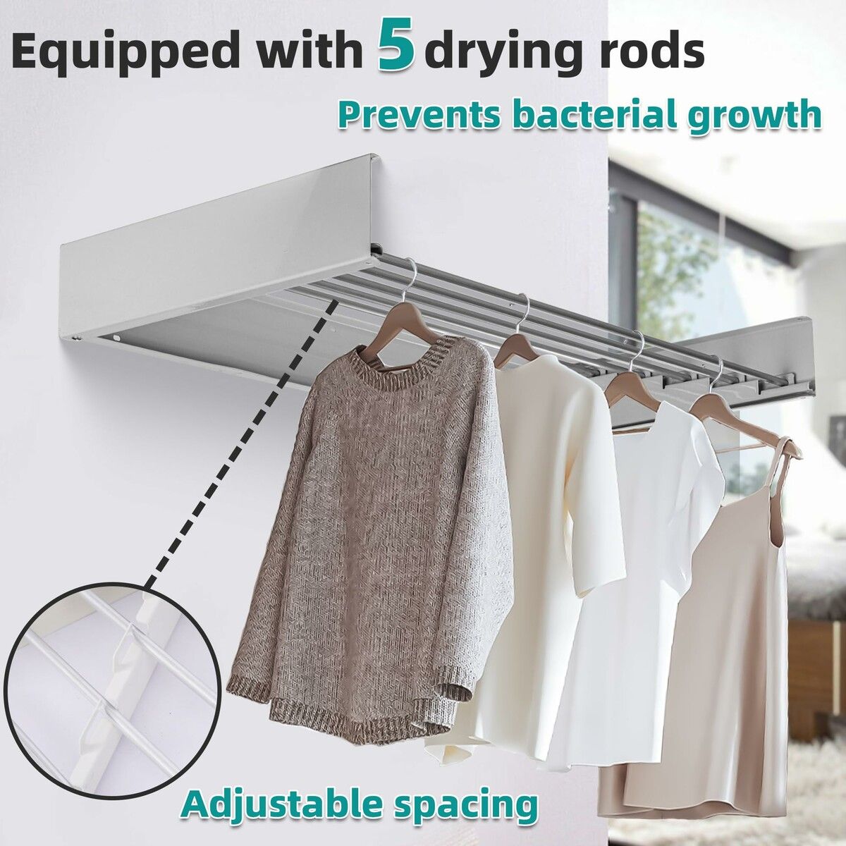 Laundry Drying Rack Collapsible Wall Mounted Clothes 31.5" Wide 13.1 Linear Ft 5 Aluminum Rods 45 lb Capacity with Wall Template Screwdriver Bit