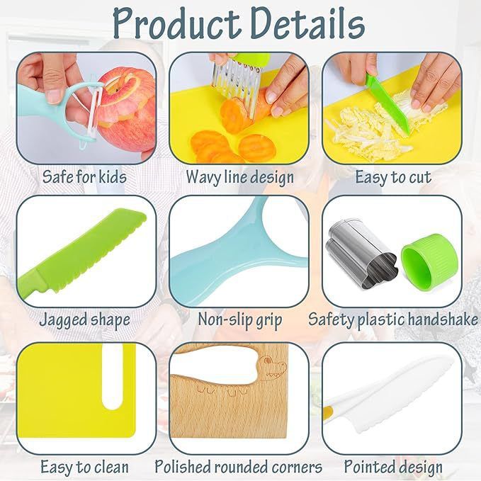 50PCS Toddler Knife Set Kids Knifes for Real Cooking Wooden Kids Kitchen Knife Set with Gloves Cutting Board Crinkle Cutters Kid Safe Knives