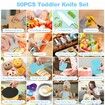 50PCS Kids Wooden Knife Set for Pretend Play Cooking Toys with Gloves Cutting Board Crinkle Cutters Kid Safe Knives Age5+ Christmas Birthday Gift COL Blue