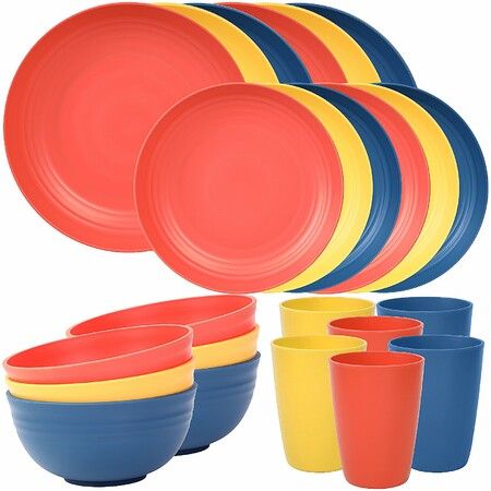 24 Piece Plates and Bowls Sets of 6,Unbreakable Wheat Straw Dinnerware Sets,Plastic Dish Set,Outdoor Kitchen and Apartment Dinning Essentials,MultiColor