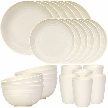 24 Piece Plates and Bowls Sets of 6,Unbreakable Wheat Straw Dinnerware Sets,Plastic Dish Set,Outdoor Kitchen and Apartment Dinning Essentials,White