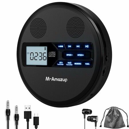Rechargeable Portable CD Player with Dual Speakers and Anti Skip,CD,Dual Bluetooth,FM Transmission,USB,AUX,LCD Display,Backlit Button,Repeat-Black
