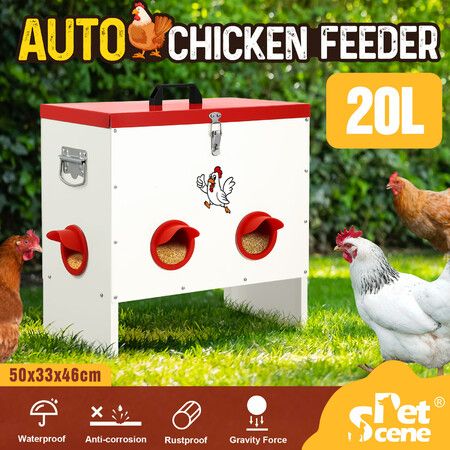 Chicken Bird Feeder Automatic Food Dispenser Chook Hen Poultry Duck 20L 6 PVC Auto Feeding Ports Rain Rat Rodent Proof Galvanised Steel for Coop Fence