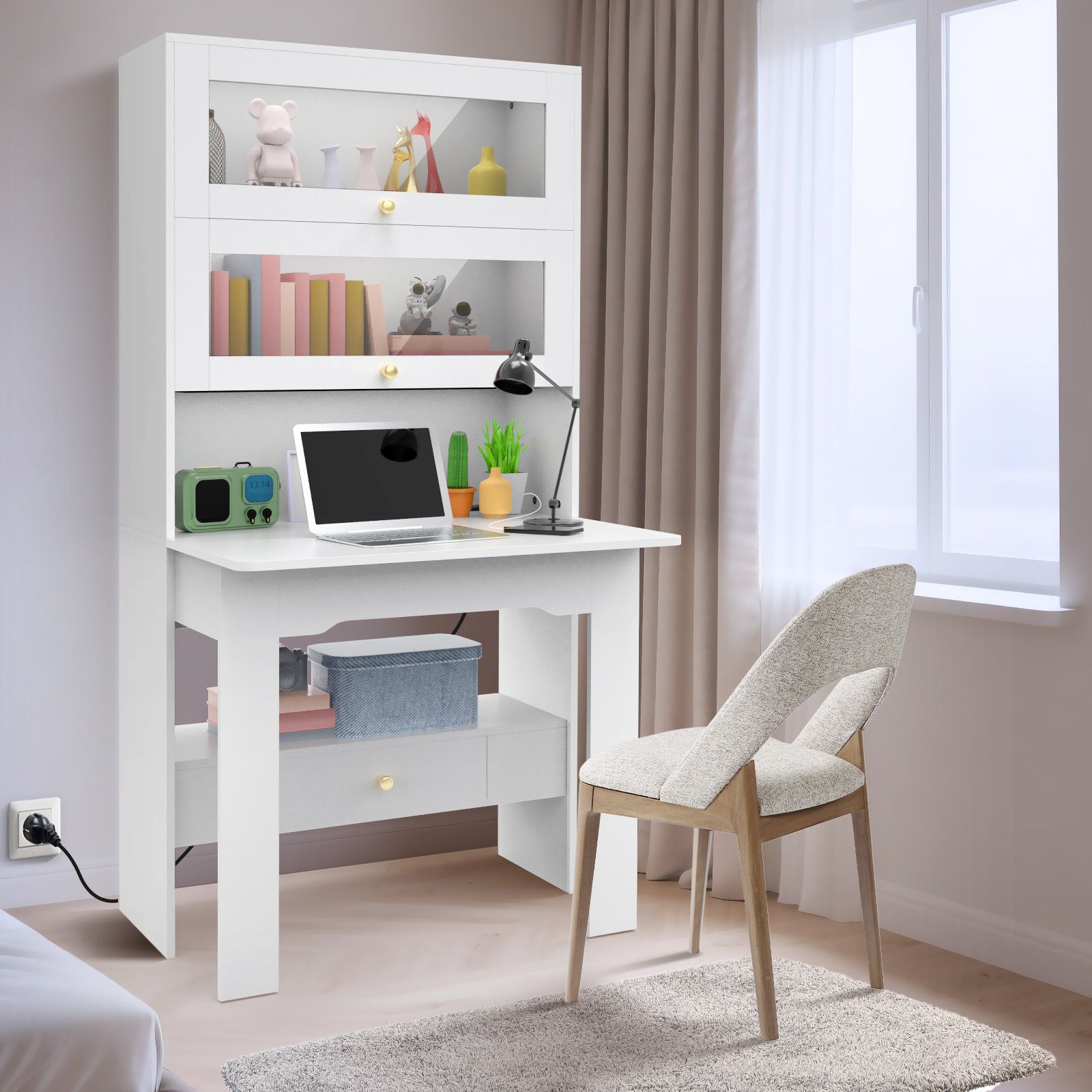 Computer Desk Bookshelf Office Study Work Folding Table Glass Shelving Bookcase Shelves Multifunctional Wooden Storage Organiser Furniture 80x31x160cm