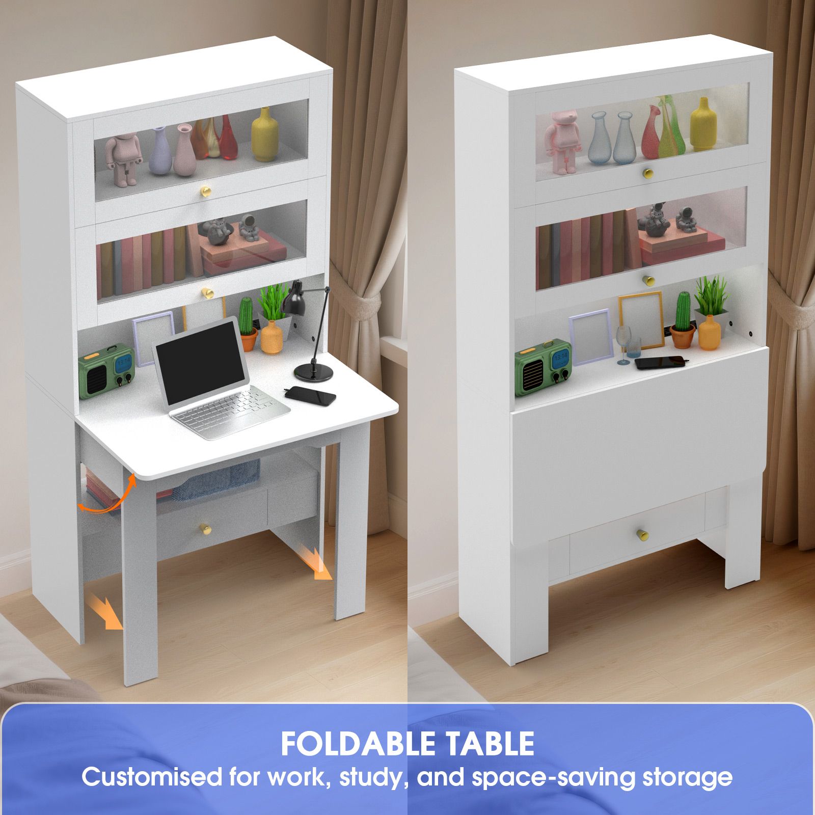 Computer Desk Bookshelf Office Study Work Folding Table Glass Shelving Bookcase Shelves Multifunctional Wooden Storage Organiser Furniture 80x31x160cm
