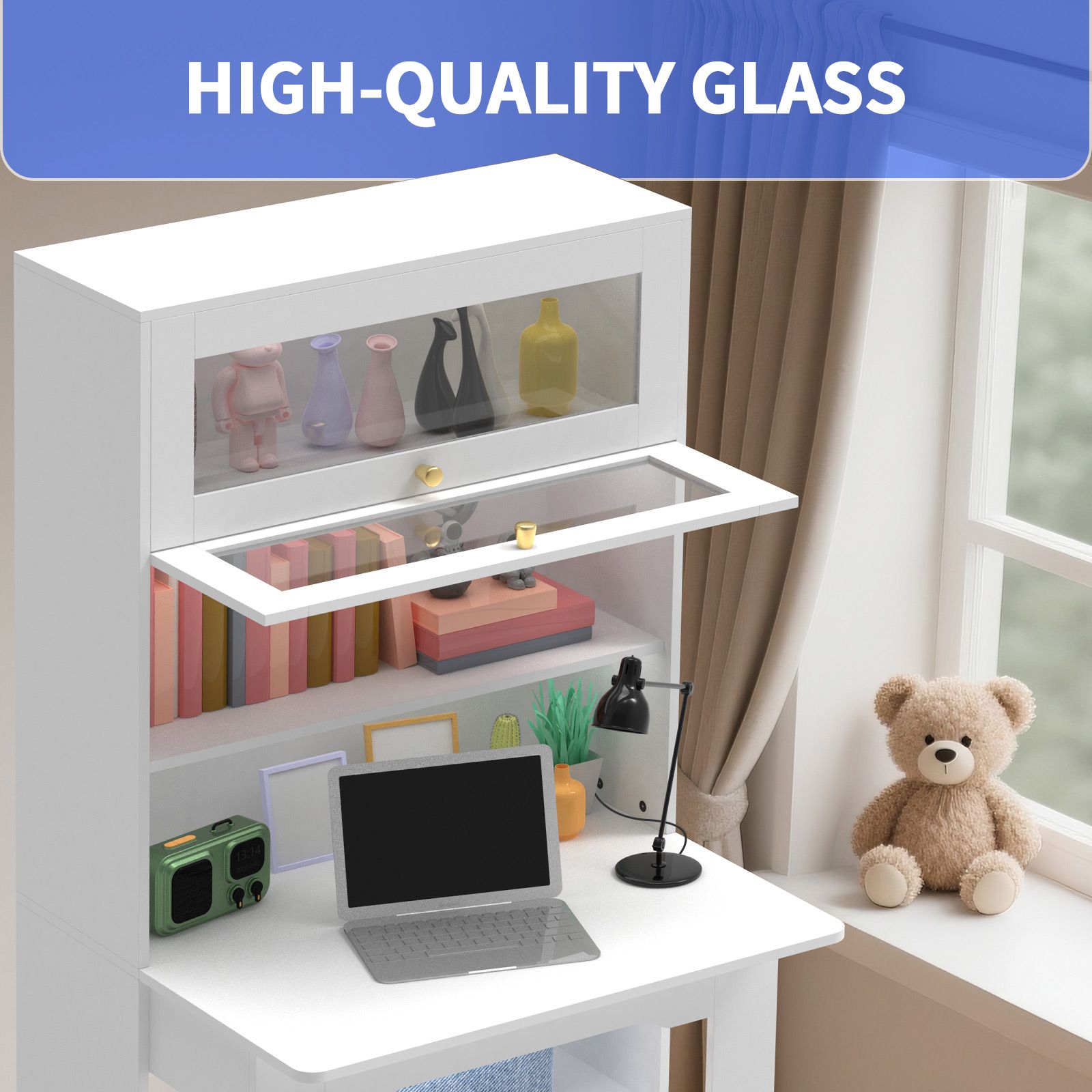 Computer Desk Bookshelf Office Study Work Folding Table Glass Shelving Bookcase Shelves Multifunctional Wooden Storage Organiser Furniture 80x31x160cm