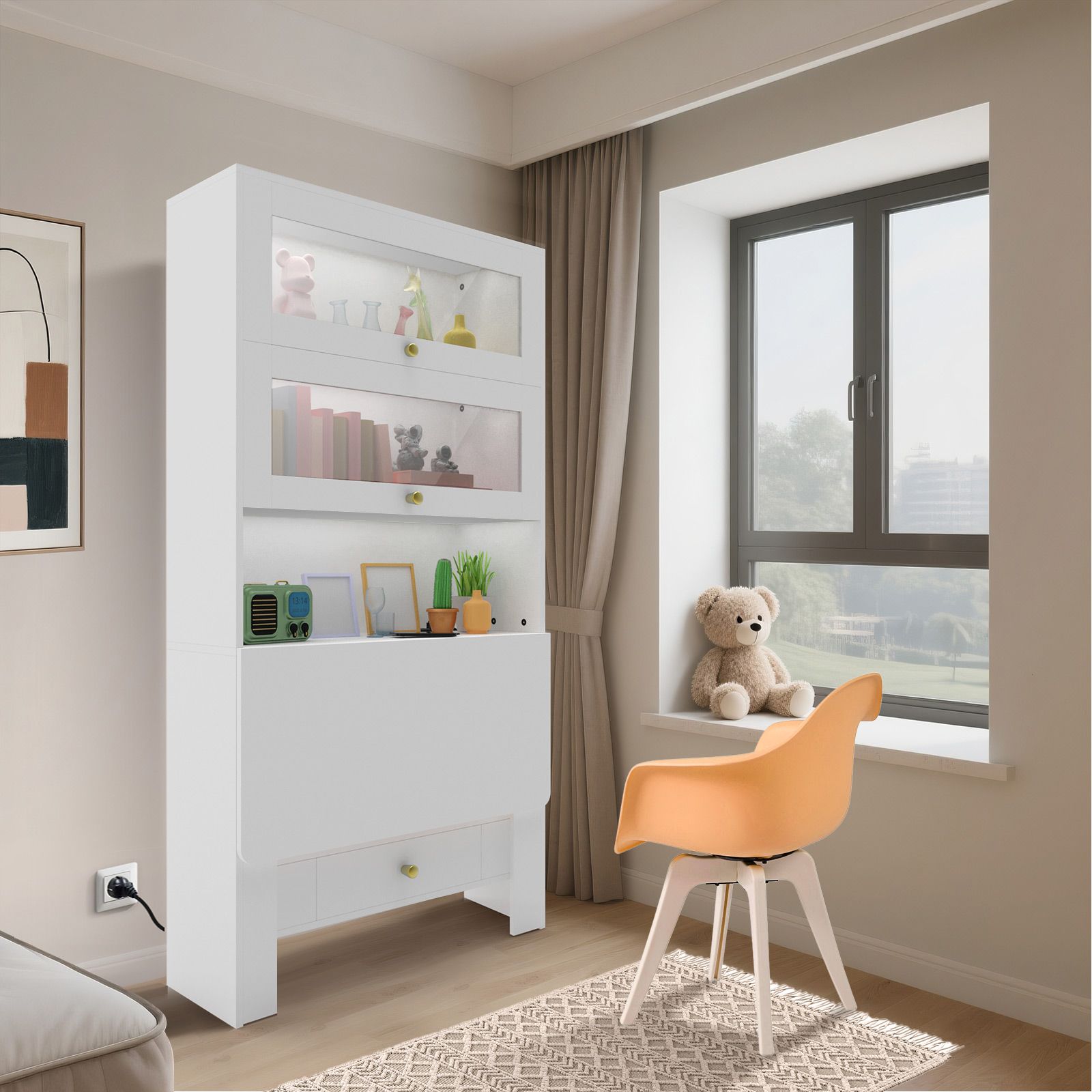 Computer Desk Bookshelf Office Study Work Folding Table Glass Shelving Bookcase Shelves Multifunctional Wooden Storage Organiser Furniture 80x31x160cm