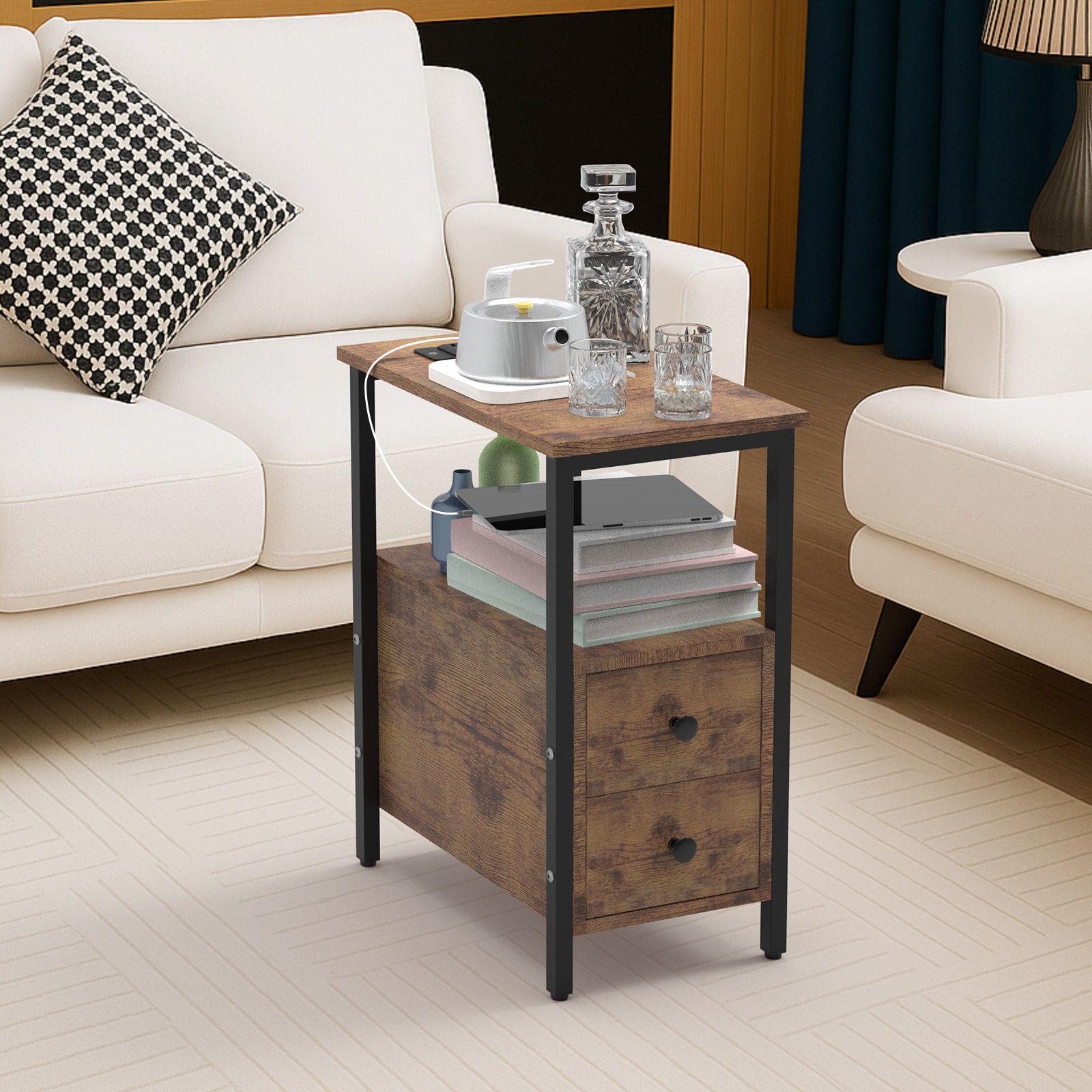 Bedside Table Drawer Shelf Sofa Bed Side Coffee Laptop Desk Narrow End Night Stand Lamp Storage Modern Living Room Bedroom Furniture Charging Station