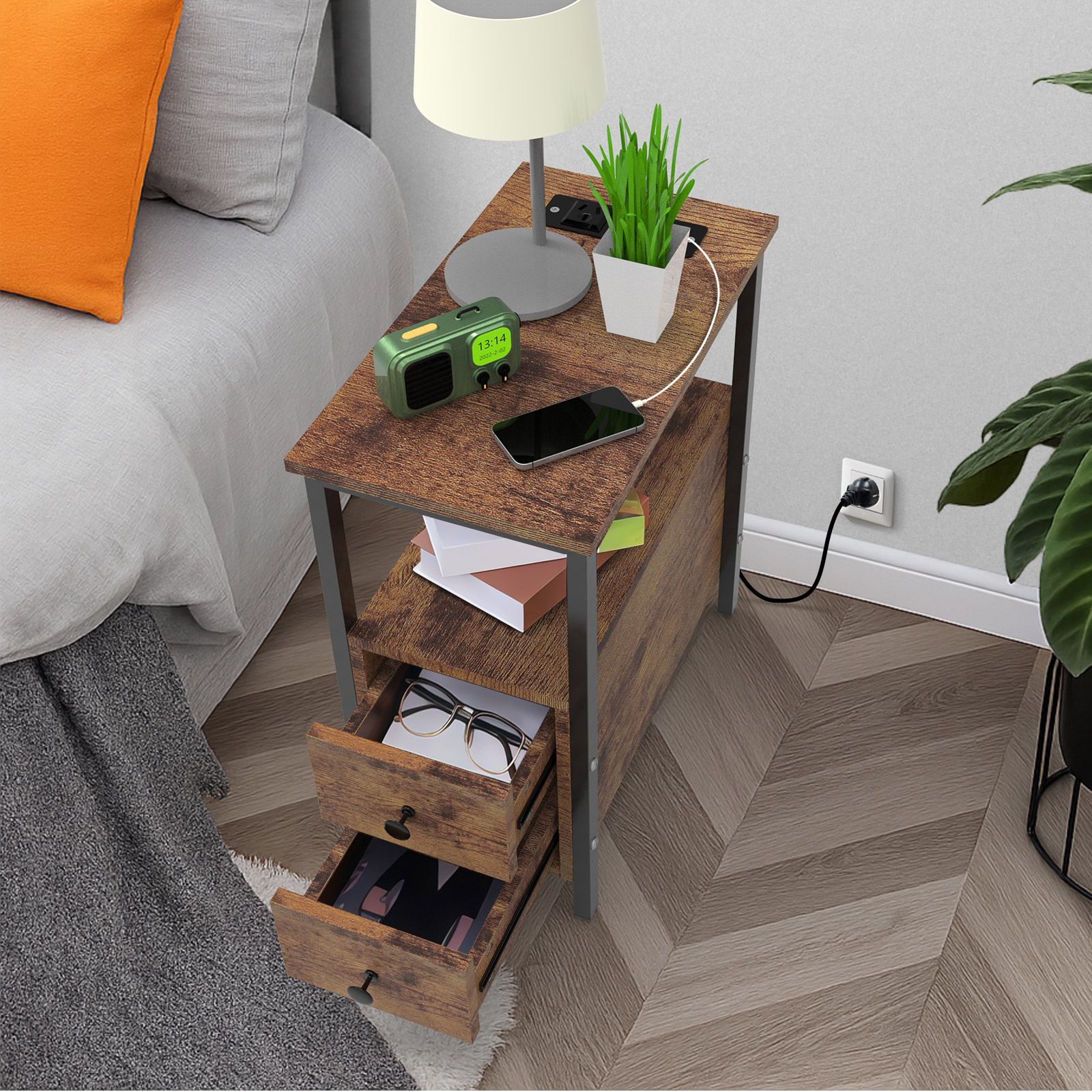 Bedside Table Drawer Shelf Sofa Bed Side Coffee Laptop Desk Narrow End Night Stand Lamp Storage Modern Living Room Bedroom Furniture Charging Station