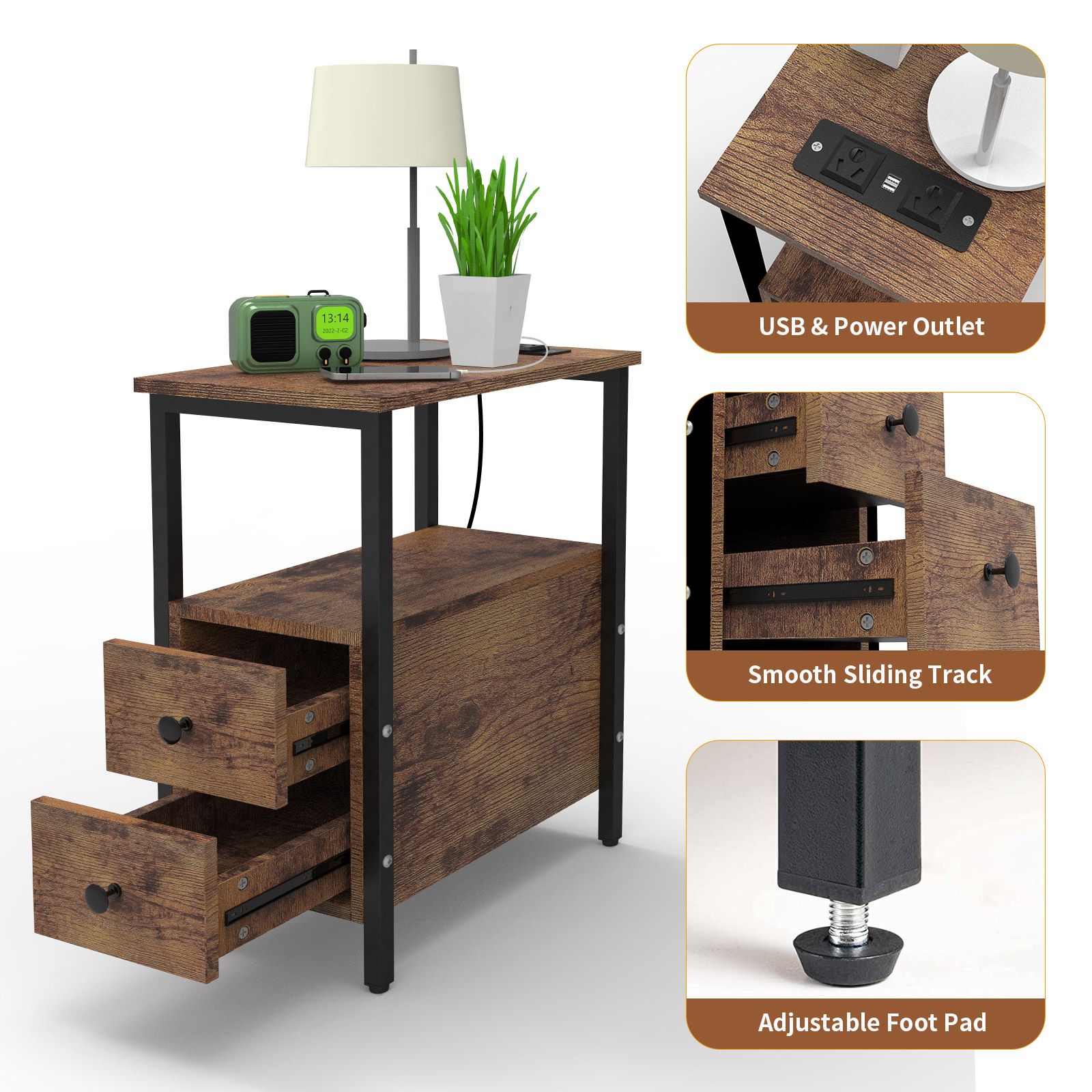 Bedside Table Drawer Shelf Sofa Bed Side Coffee Laptop Desk Narrow End Night Stand Lamp Storage Modern Living Room Bedroom Furniture Charging Station