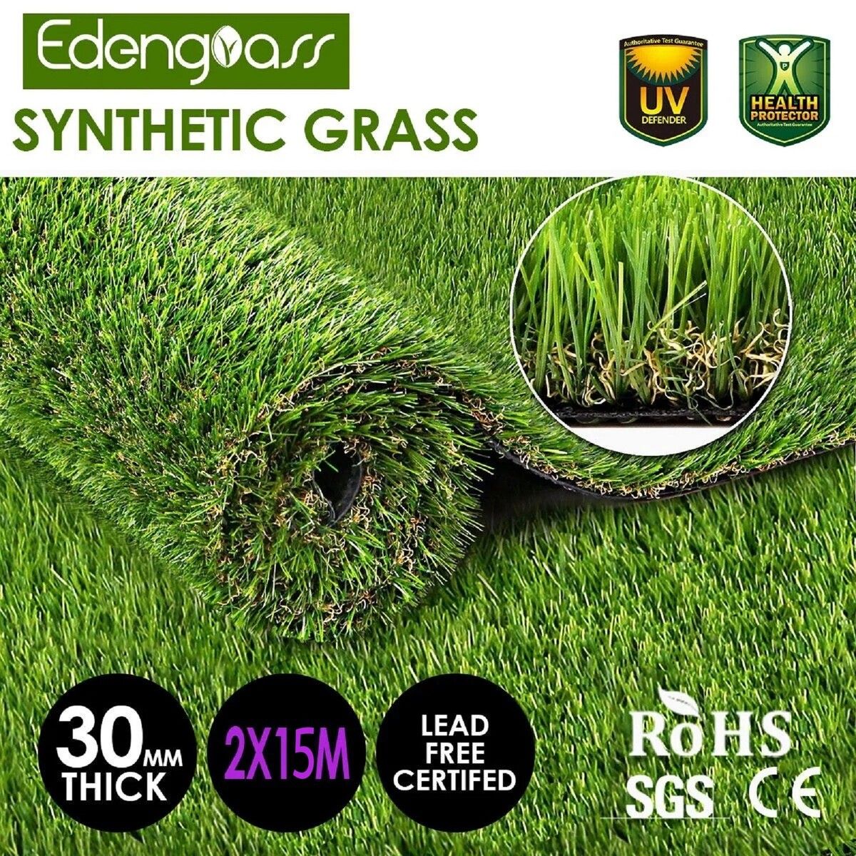 2x15m Artificial Grass Synthetic Turf Fake Imitation False Faux Green Lawn Roll 32mm Child Pet Friendly for Backyard Balcony Garden Patio