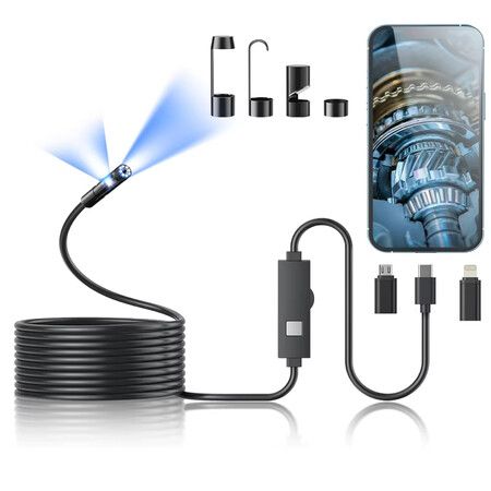 Endoscope Camera 1920P HD Borescope Tools 8 Adjustable LED Lights Endoscope 5m Semi-Rigid Snake Camera Waterproof iOS Android Tool Diagnostic
