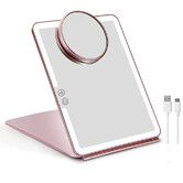 Portable Large Travel Makeup Mirror with Light, Rechargeable Makeup Mirrors with 3 Color Lights, Dimmable Folding with Small 10x Mirror (Pink)