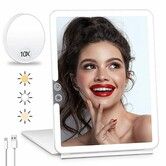 Portable Large Travel Makeup Mirror with Light, Rechargeable Makeup Mirrors with 3 Color Lights, Dimmable Folding with Small 10x Mirror (White)