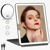 Portable Large Travel Makeup Mirror with Light, Rechargeable Makeup Mirrors with 3 Color Lights, Dimmable Folding with Small 10x Mirror (Black)