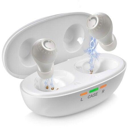 Rechargeable Hearing Aids with Noise Cancelling in-Ear Detection Volume Control Dial for Seniors,White