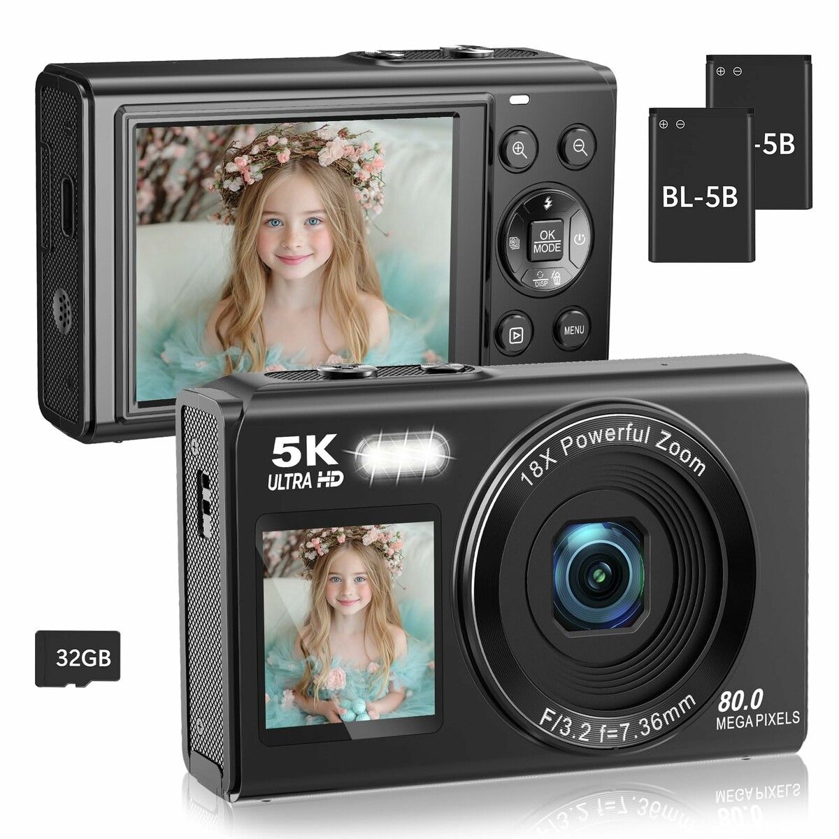 5K 80MP Digital Camera with Fill Light & 16X Zoom Dual Screen Vlogging ...