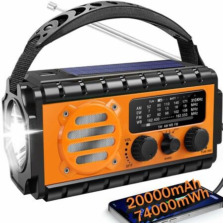 74000mWh Emergency Radio with NOAA Weather,Portable Hand Crank SW/AM/FM Survival Radio with Fast Charge Rechargeable Solar Battery,Flashlight,SOS