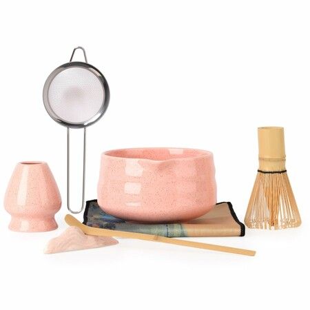 Japanese Matcha Whisk Set,7 Piece Kit Bamboo Chasen,Ceramic Bowl with Spout,Stainless Steel Sifter & Holder Pink