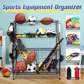 All-in-one Ball Storage Rack Gym Sports Equipment Garage Organiser Basketball Holder Toy Cart Baseball Bat Yoga Mat Dumbbell with Wheels Hooks Metal