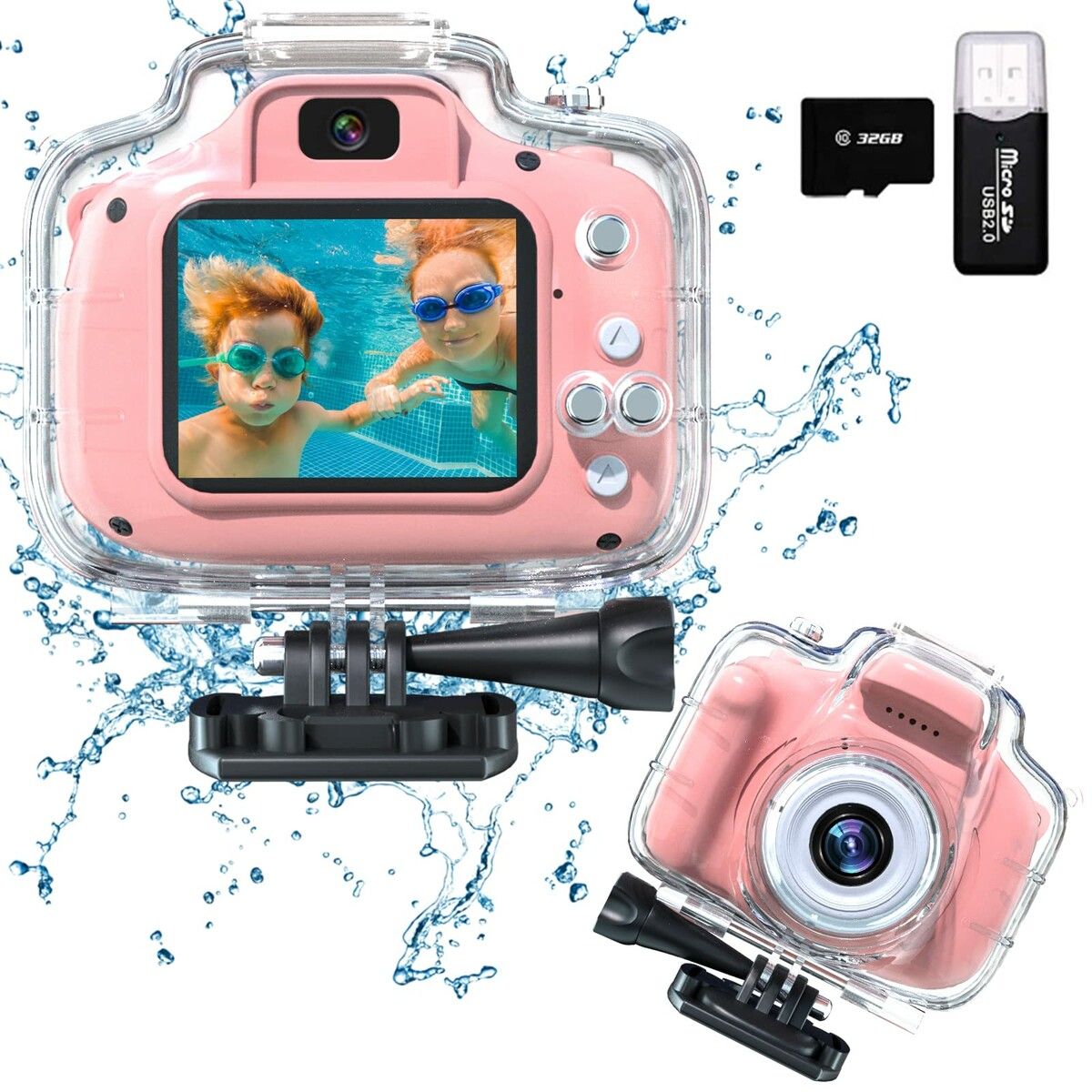 Waterproof Underwater Digital Camera Toys For Kids Birthday Gifts, 2 Inch HD Digital Action Camera with 32GB Card Color Pink